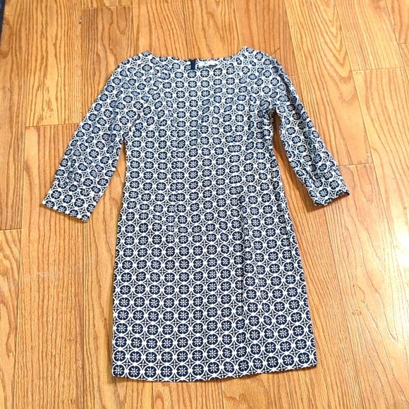 Boden linen geometric print dress 3/4 sleeve blue white mini women's size 4 - Picture 1 of 7